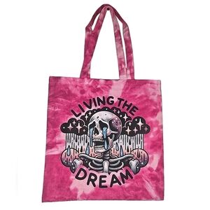 0113-0115 Living The Dream Skelly Pink Canvas Tie Dye Tote Bag